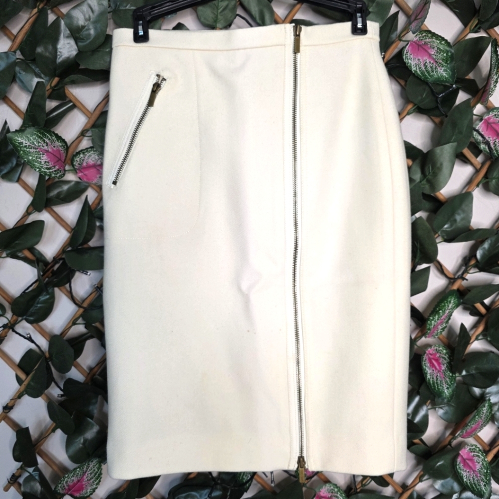 49) J. CREW Cream WOOL Pencil Skirt with Zipper Detail Sz. 00